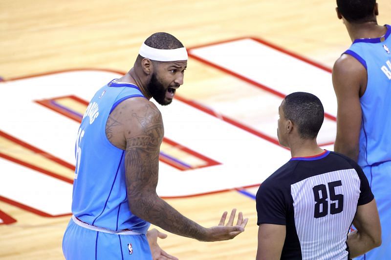 DeMarcus Cousins #15 of the Houston Rockets argues with referee Robert Hussey #85 during the fourth quarter of a game against the Washington Wizards at Toyota Center on January 26, 2021 in Houston, Texas. (Photo by Carmen Mandato/Getty Images)