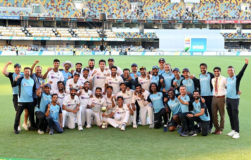 Team India celebrate their 2020-21 Border-Gavaskar Trophy win