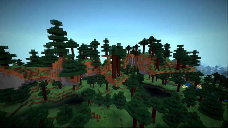 A collection of floating island in a taiga biome in Minecraft (Image via Minecraft &amp; Chill/YouTube)