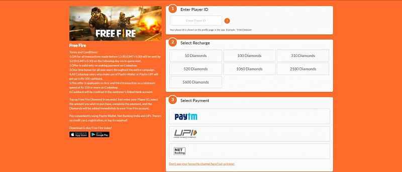 Enter the Free Fire ID and select the recharage amount.