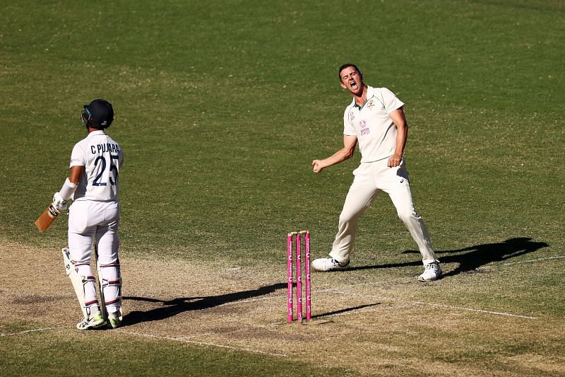 Josh Hazelwood celebrating the prized wicket of Cheteshwar Pujara