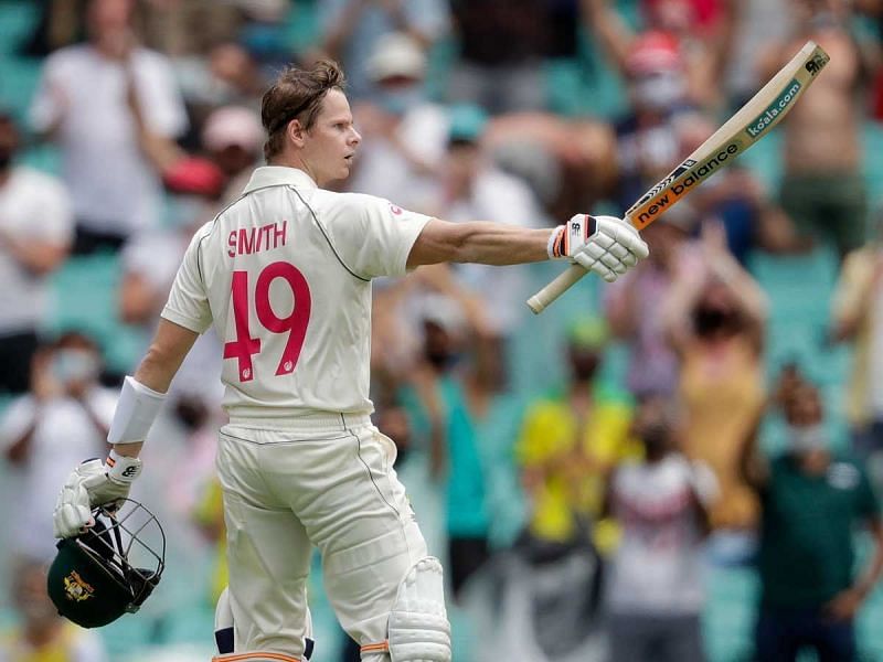 Steve Smith celebrates after scoring his 27th Test hundred at the SCG.