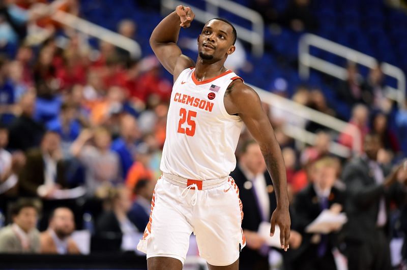 Aamir Simms #25 of the Clemson Tigers reacts following a play during the ACC Basketball Tournament