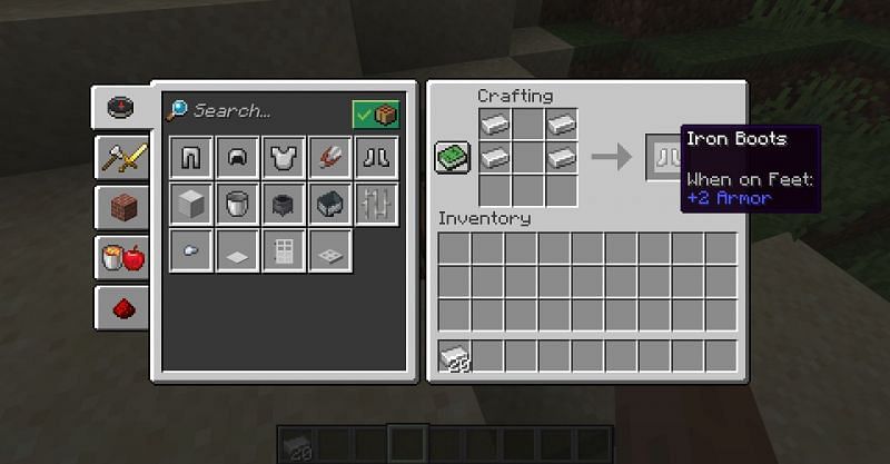 The crafting recipe for iron boots in Minecraft. (Image via Minecraft)