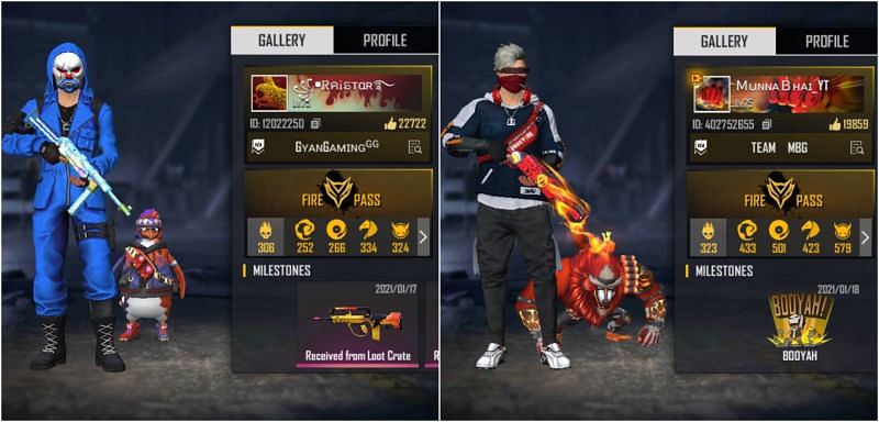 Garena Free Fire IDs of Raistar and Munna Bhai Gaming