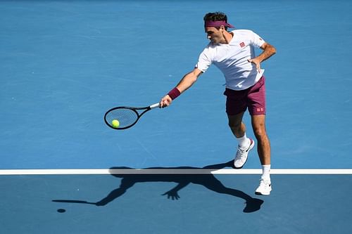 Roger Federer unleashing a forehand