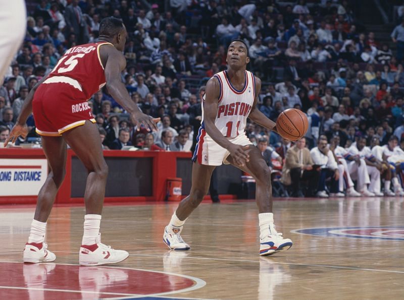 Isiah Thomas #11, Point Guard for the Detroit Pistons dribbles the basketball.