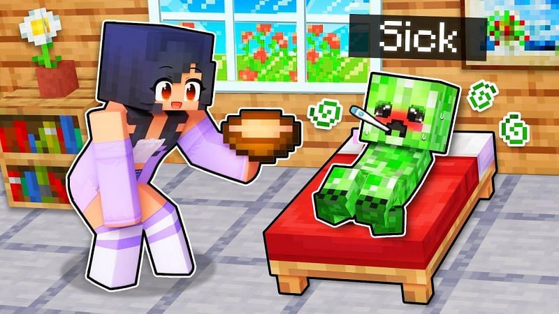 Aphmau offering soup to a sick Creeper in Minecraft. (Image via Aphmau/YouTube)