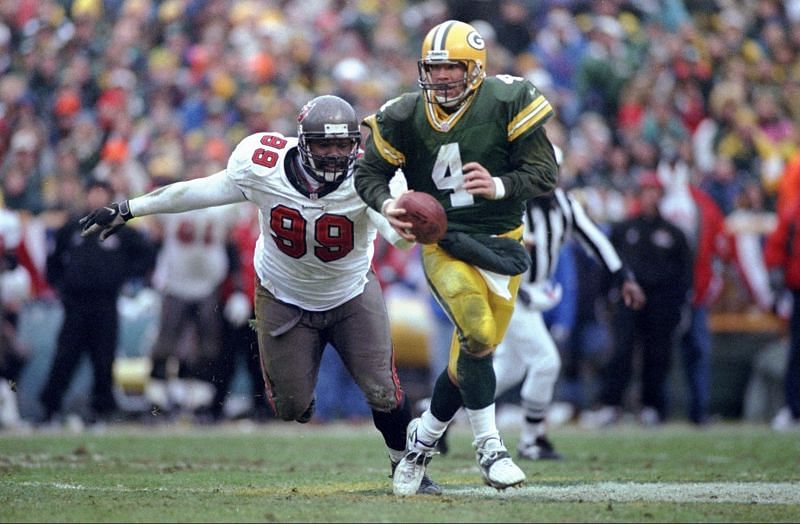 Warren Sapp (99) Chasing Down Brett Favre (4) - NFC Division Playoffs, 1997