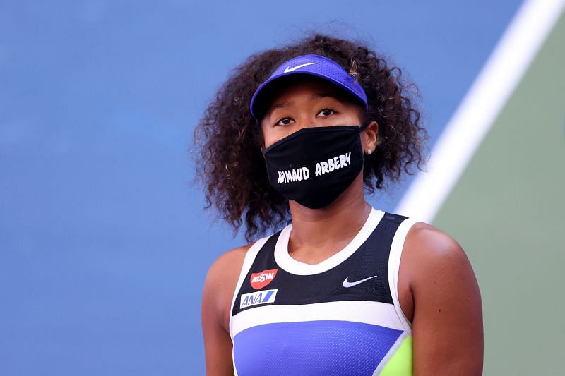 Naomi Osaka wearing a face mask with the name Ahmaud Arbery stenciled on it during the 2020 US Open