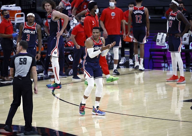 Russell Westbrook #4 of the Washington Wizards reacts to the official's call while taking on the San Antonio Spurs at AT&T Center on January 24, 2021 (Photo by Tom Pennington/Getty Images)