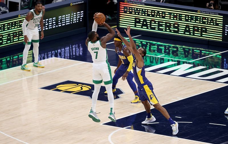 Jaylen Brown shoots against the Indiana Pacers.