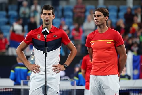 Novak Djokovic (L) and Rafael Nadal at ATP Cup 2020