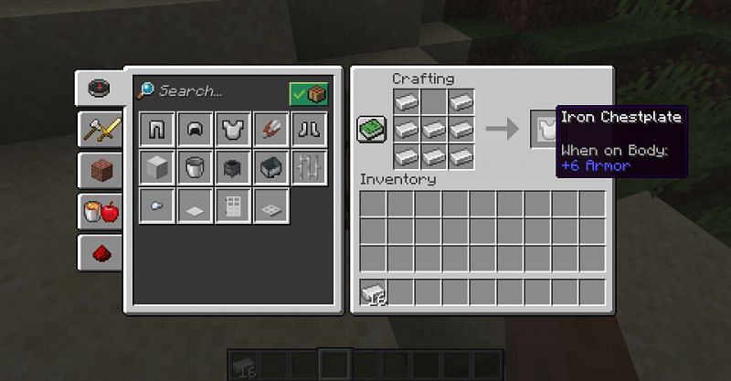 The crafting recipe for an iron chestplate in Minecraft. (Image via Minecraft)