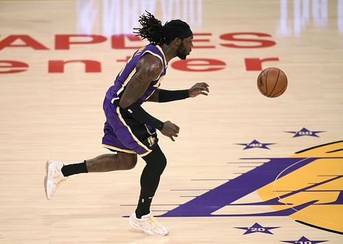 Montrezl Harrell, #15 of the Los Angeles Lakers, steals a pass at center court.