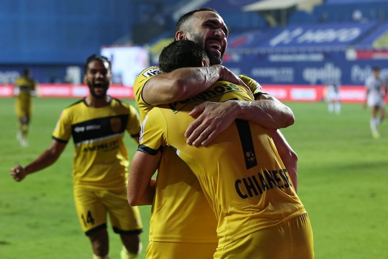 Hyderabad FC players celebrate after scoring the second goal against Chennaiyin FC (Image Courtesy: ISL Media)