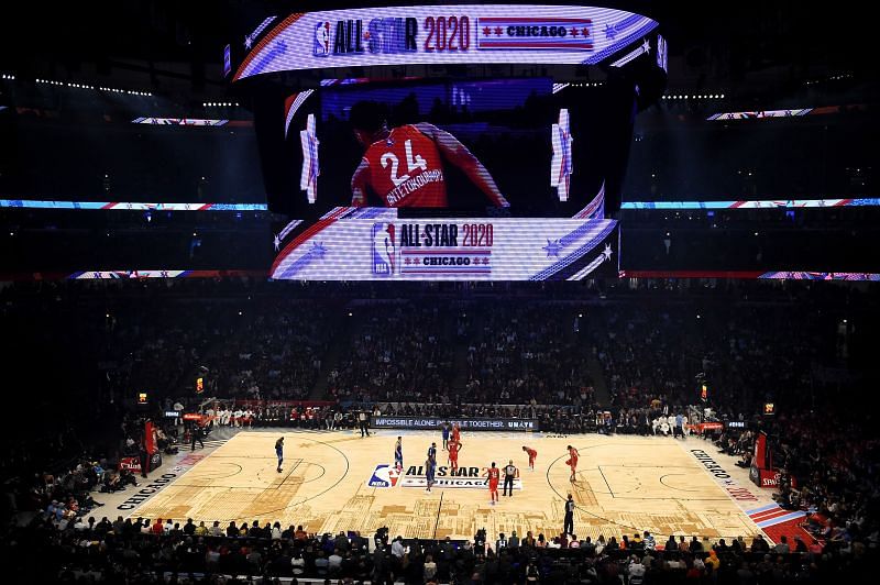 Players getting ready to for the tip-off at the 69th NBA All-Star Game