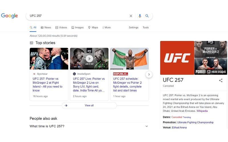 Google search results for &#039;UFC 257&#039;