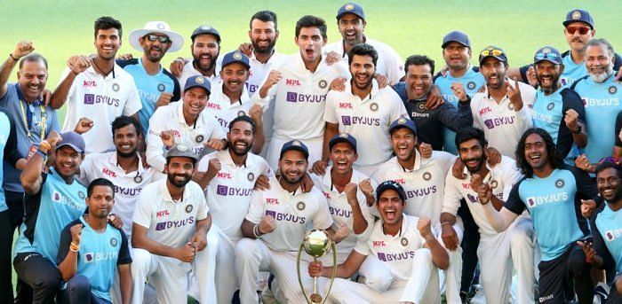 The Indian Cricket Team celebrates at the Gabba after a record-breaking Test series win Down Under.