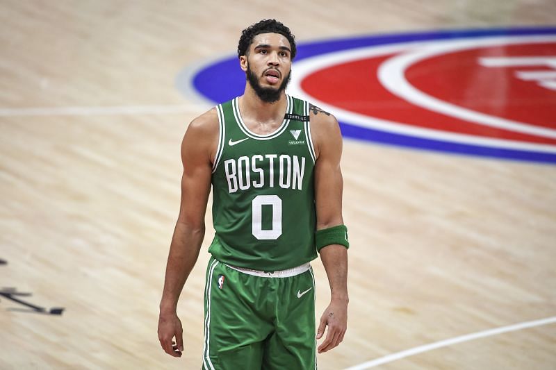 Jayson Tatum of the Boston Celtics looks on during the fourth quarter against the Detroit Pistons&nbsp;