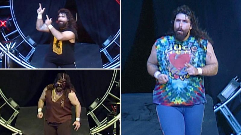 Mick Foley as Cactus Jack and Mankind (left); Mick Foley as Dude Love (right)