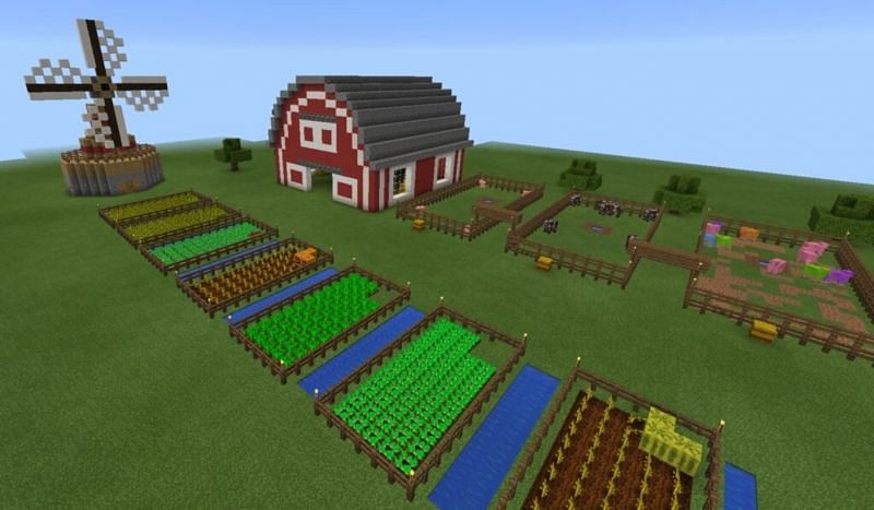 A farm filled with crops and animals in Minecraft. (Image via apexminecrafthosting.com)