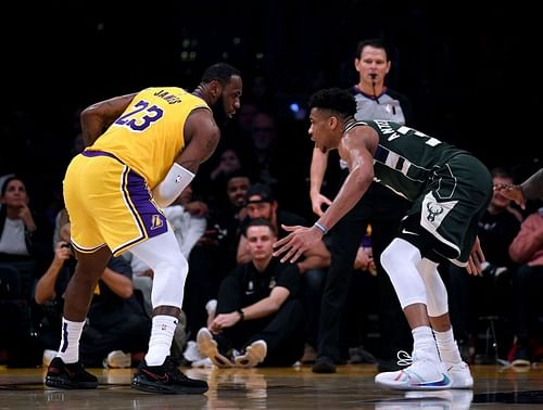 LeBron James of the Los Angeles Lakers is guarded by Giannis Antetokounmpo of the Milwaukee Bucks 