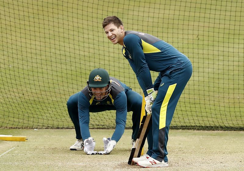 Alex Carey (L) and Tim Paine in a net session.