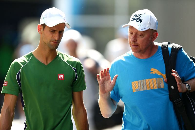 Novak Djokovic and then coach Boris Becker at the Australian Open in 2014