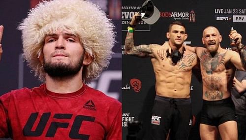 Khabib Nurmagomedov (left); Dustin Poirier (center); Conor McGregor (right)