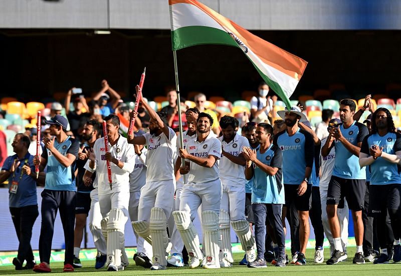 Team India celebrate after their historic win at the Gabba