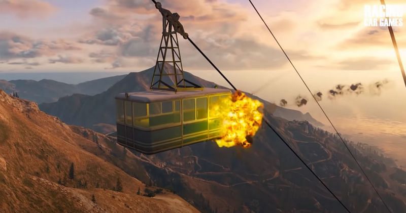 When the cable car in GTA 5 is hit with something powerful, it will fall off (Image via Racing Car Games, YouTube)