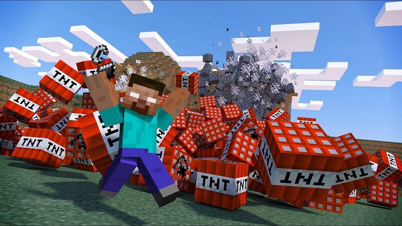 Herobrine running from a pile of TNT in Minecraft. (Image via trollersconsole.wordpress.com)