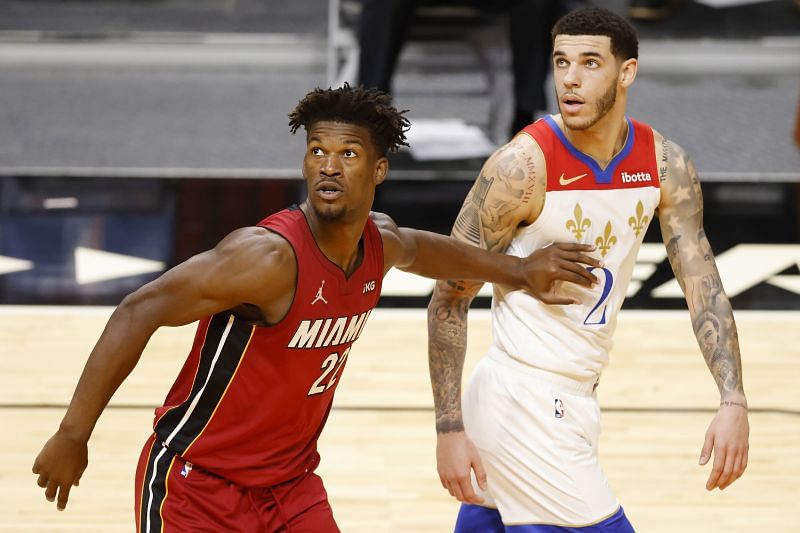 NBA: Jimmy Butler #22 of the Miami Heat defends Lonzo Ball #2 of the New Orleans