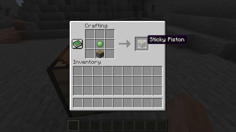 The crafting recipe for a sticky piston in Minecraft. (Image via Minecraft)