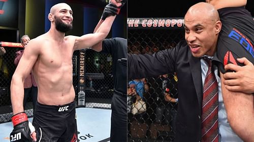 Khamzat Chimaev's (left) manager, Ali Abdelaziz (right), believes he is going to finish his next fight under three rounds