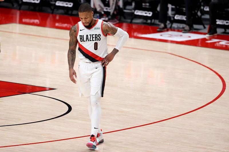 Damian Lillard of the Portland Trail Blazers reacts in the third quarter against the Oklahoma City Thunder at the Moda Center