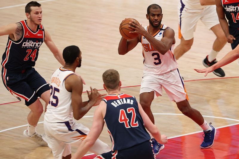 Chris Paul #3 of the Phoenix Suns looks to pass against the Washington Wizards.