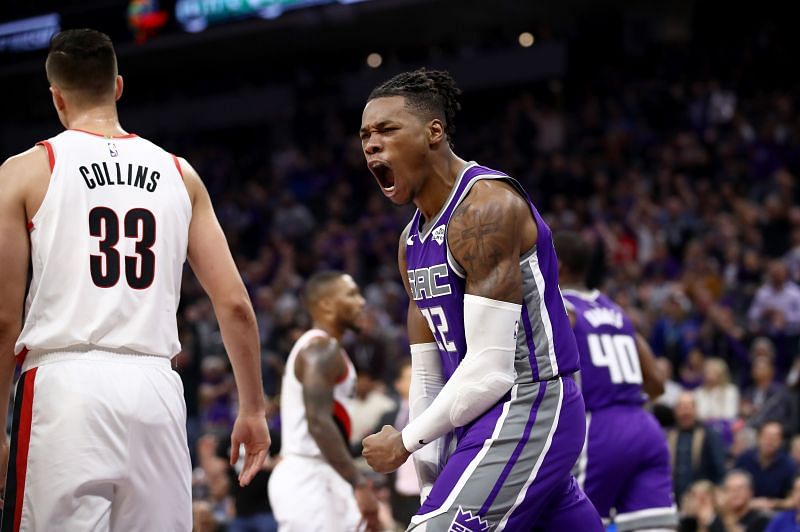 Richaun Holmes #22 of the Sacramento Kings reacts after dunking the ball&nbsp;