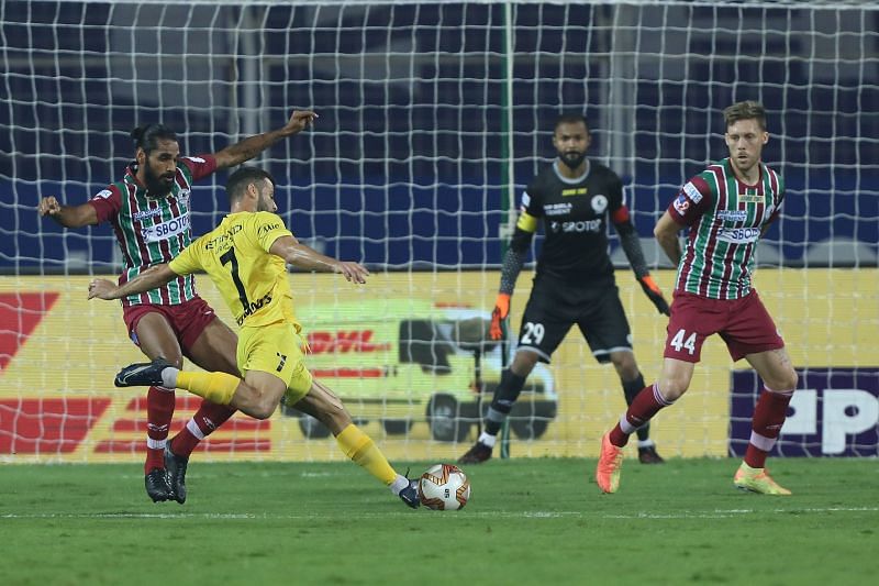 Hugo Boumous takes a shot on goal in the previous game for Mumbai City FC. (Image: ISL)