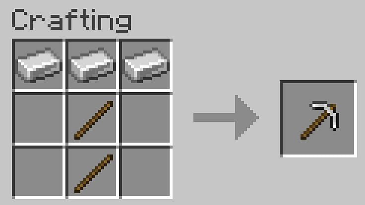To make an iron pickaxe just replace the top row with iron ingots