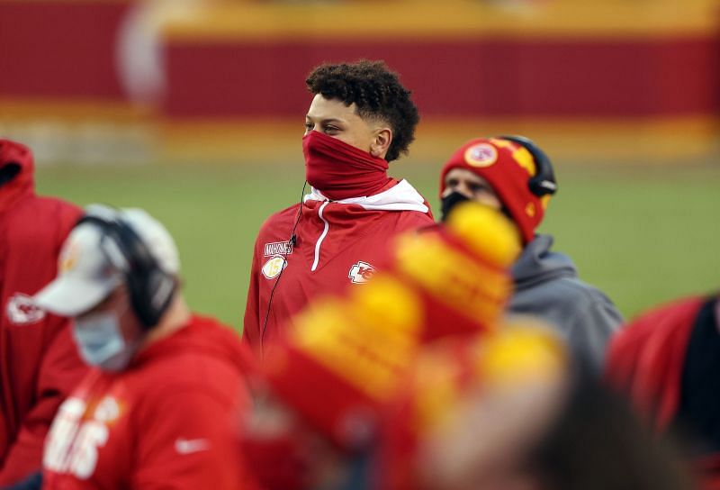 Patrick Mahomes watches from the sideline