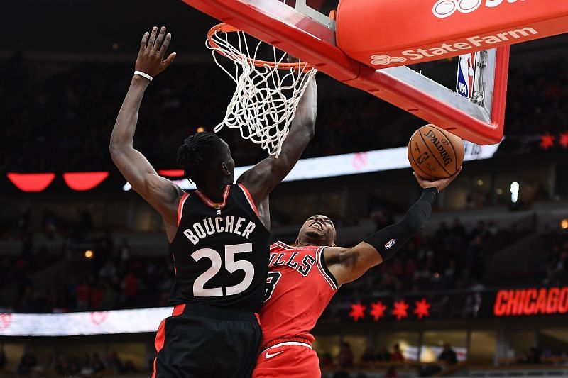 Chris Boucher #25 of the Toronto Raptors protecting the rim.