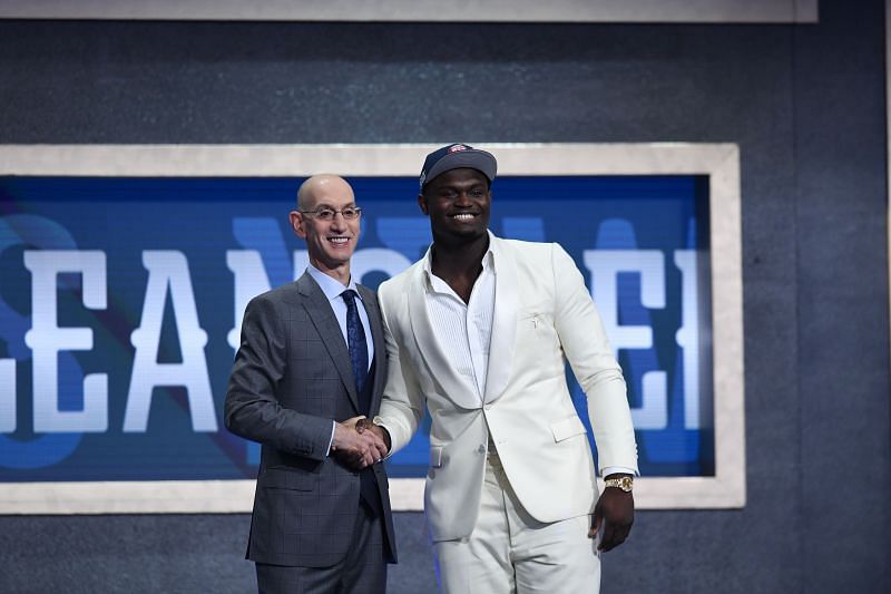 Zion Williamson poses with NBA Commissioner Adam Silver after being drafted with the first overall pick&nbsp;