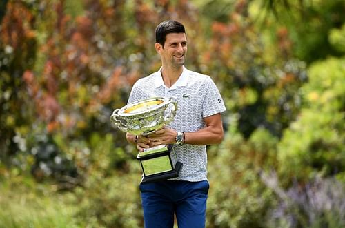 Novak Djokovic with the 2020 Australian Open Men's Trophy