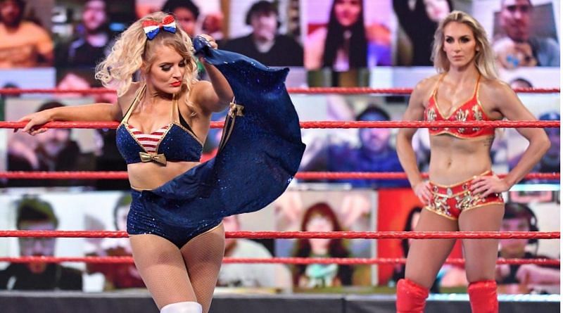 Charlotte Flair staring a hole through Lacey Evans on WWE RAW