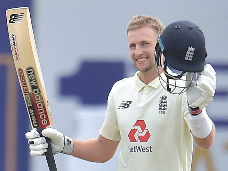 Joe Root celebrates after bringing up his double century against Sri Lanka