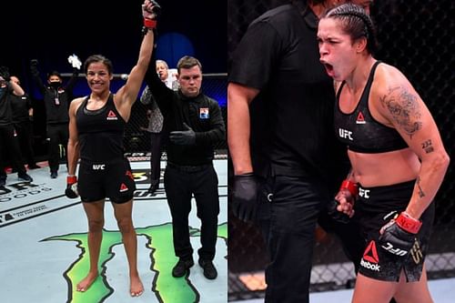 Julianna Pena and UFC women's bantamweight and featherweight champion Amanda Nunes