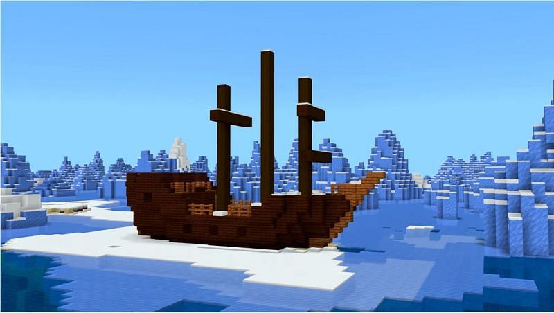 A shipwreck that is fully intact amongst snow and ice in Minecraft. (Image via Minecraft &amp; Chill/YouTube)