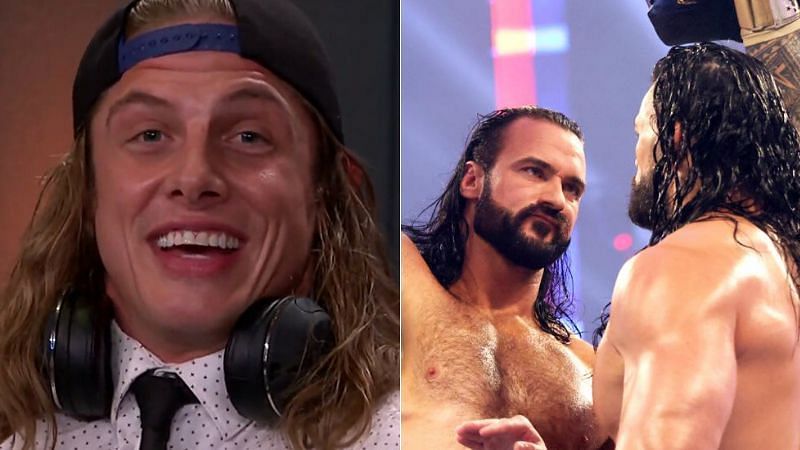 Riddle (left); Drew McIntyre and Roman Reigns (right)